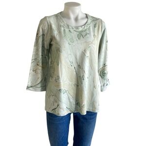 Pure Jill J Jill Marbled Abstract Print Cotton Top 3/4 Sleeve Green Tan XS